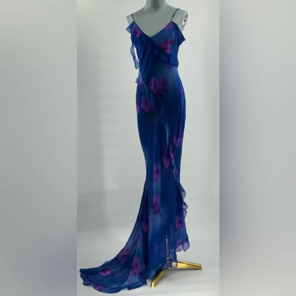 🆕 RAT & BOA 🧿 NWOT Sorrento Chiffon Maxi Dress with Train, Blue Floral - Sz XL